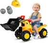 A child is riding a yellow toy excavator. There is also a yellow toy hard hat and three gray toy rocks in the image. Anteprima dell’immagine prodotto