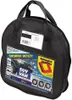 A black carrying bag for snow chains, with a product label and promotional material visible. Produktbild-Vorschau