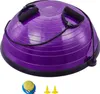 A purple balance ball trainer with black base and handles, along with a yellow foot pump and two yellow valve adapters, is displayed on a white background. Produktbild-Vorschau