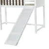 A close-up view of a white wooden loft bed with a slide. Produktbild-Vorschau