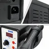 A collage of close-up shots of a hot air soldering station, showing its power input, ventilation, and control panel with a digital display and temperature dial. Produktbild-Vorschau