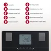 A smart scale with a list of body analysis metrics and the scale itself displayed. Produktbild-Vorschau