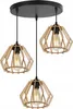 A three-light pendant lamp with wooden geometric shades. Voir les images du produit