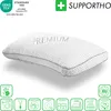 A white pillow with the word "PREMIUM" embossed on it, presented on a white background with various certification logos and icons around it. Anteprima dell’immagine prodotto