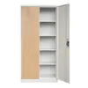 An open metal storage cabinet with one door covered in a light wood veneer and the other door open revealing multiple shelves. Voir les images du produit