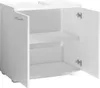 A white bathroom cabinet with two doors open, revealing two shelves inside. Produktbild-Vorschau