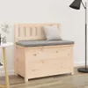 A wooden storage bench with a grey cushion and a light grey pillow is placed against a white wall. Produktbild-Vorschau