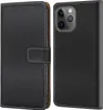 A black flip-style phone case for an iPhone 13 Pro Max is shown open, revealing the phone and the inside of the case. Produktbild-Vorschau