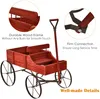 A red wooden wagon with black metal wheels, shown with close-up insets highlighting its features. Produktbild-Vorschau