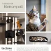 A collage of images showcasing a cat tree with cats interacting with it, along with descriptive text and a brand logo. Náhled obrázku produktu