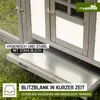 Close-up of a wooden chicken coop with a metal tray, showing features and text overlays. Produktbild-Vorschau