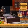 A retro-style CD player with a vinyl record player, a glass of whiskey, and books in the background. Produktbild-Vorschau
