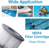 Collage of images showing different swimming pool settings and a filter cartridge. Produktbild-Vorschau