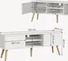 Two views of a white TV stand with wooden legs, showing dimensions and internal compartments. Voir les images du produit