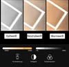 A collage showing a modern LED ceiling lamp in three different color temperatures (cool white, neutral white, warm white) and controls for dimming, remote control, and color temperature. Produktbild-Vorschau