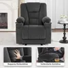 A dark gray recliner chair is shown in a living room setting, with close-up insets highlighting its features. Produktbild-Vorschau