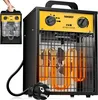 A collage showing a portable electric heater from different angles, including a hand holding it. Produktbild-Vorschau