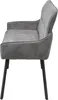 A side view of a gray upholstered bench with black metal legs, isolated on a white background. Produktbild-Vorschau