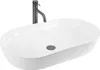 A white oval countertop sink with a dark gray faucet. Produktbild-Vorschau