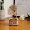 A wooden model gramophone sits on a wooden surface, with a potted cactus and a white rose in the background. Podgląd zdjęcia produktu