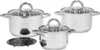 A set of three stainless steel pots with glass lids and a trivet, displayed on a white background. Produktbild-Vorschau