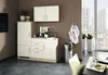 A compact kitchen unit with appliances and cabinets, set in a room with a large window overlooking a city. Produktbild-Vorschau