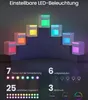 A display of several small bedside tables, each illuminated with a different LED color, arranged on a tiered platform. Below the tables, there are graphics and text detailing the lighting features. Produktbild-Vorschau