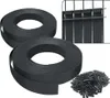 Two rolls of black PVC privacy screening strips and a pile of black clips are shown, with an inset image demonstrating how the strips are used to create privacy on a fence. Produktbild-Vorschau