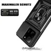 A black phone case with a ring holder and camera cover is shown at an angle, with some debris scattered below it. Produktbild-Vorschau