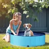 A young girl and a dog are playing in a blue kiddie pool in a backyard. Produktbild-Vorschau