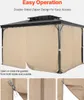 A gazebo with khaki curtains is shown, with close-up images of zippers and fabric. Produktbild-Vorschau
