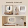 A collage of images showcasing a lighted mirror in different room settings, including a bathroom and a dressing area. Podgląd zdjęcia produktu