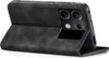 A black flip case for a smartphone is shown open, revealing the phone's camera module. Produktbild-Vorschau