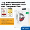 A white washing machine with its door open, displayed with marketing text and awards. Produktbild-Vorschau
