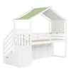 A white loft bed with a house-shaped frame and green and white striped canopy. Anteprima dell’immagine prodotto