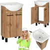 A collage of images showing a bathroom vanity set and a woman in construction gear. Podgląd zdjęcia produktu