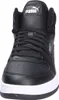 A close-up, front-facing view of a black Puma high-top sneaker with white soles. Podgląd zdjęcia produktu