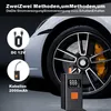 A portable air compressor is shown next to a car wheel, with two power options illustrated. Produktbild-Vorschau