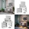 Collage of a white vanity table with LED lights and a stool, shown in different settings and angles. Voir les images du produit