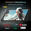 A tablet displaying a futuristic scene with a robot and planets, with logos of streaming services below. Produktbild-Vorschau