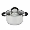 A stainless steel pot with a glass lid and black handles, isolated on a white background. Podgląd zdjęcia produktu