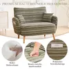 A collage of images showcasing a green striped armchair, close-ups of its fabric and foam, and a label. Anteprima dell’immagine prodotto