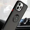 A dark gray iPhone case with a ring holder is shown attached to a car's air vent via a magnetic mount. Produktbild-Vorschau