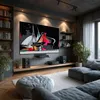 A modern living room with a large screen displaying artwork, a sectional sofa, and a bookshelf. Podgląd zdjęcia produktu