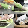 A collage of four images showing the process of making sushi using a sushi-making kit. Voir les images du produit