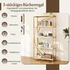 A marketing image showcasing a 5-tier bookshelf with decorative items and text overlays describing its uses. Produktbild-Vorschau
