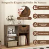 A rustic brown wooden cube shelf with a drawer, decorated with a vase of flowers, a clock, and books. Text overlays highlight product features. Podgląd zdjęcia produktu
