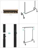A collage of images showing a black garment rack, its packaging, and assembly instructions. Produktbild-Vorschau