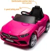 A pink toy Mercedes car with labels pointing out features. Produktbild-Vorschau