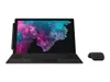 A black Microsoft Surface Pro 6 tablet with a keyboard cover and a stylus attached, along with a black wireless mouse, is displayed against a white background. Produktbild-Vorschau